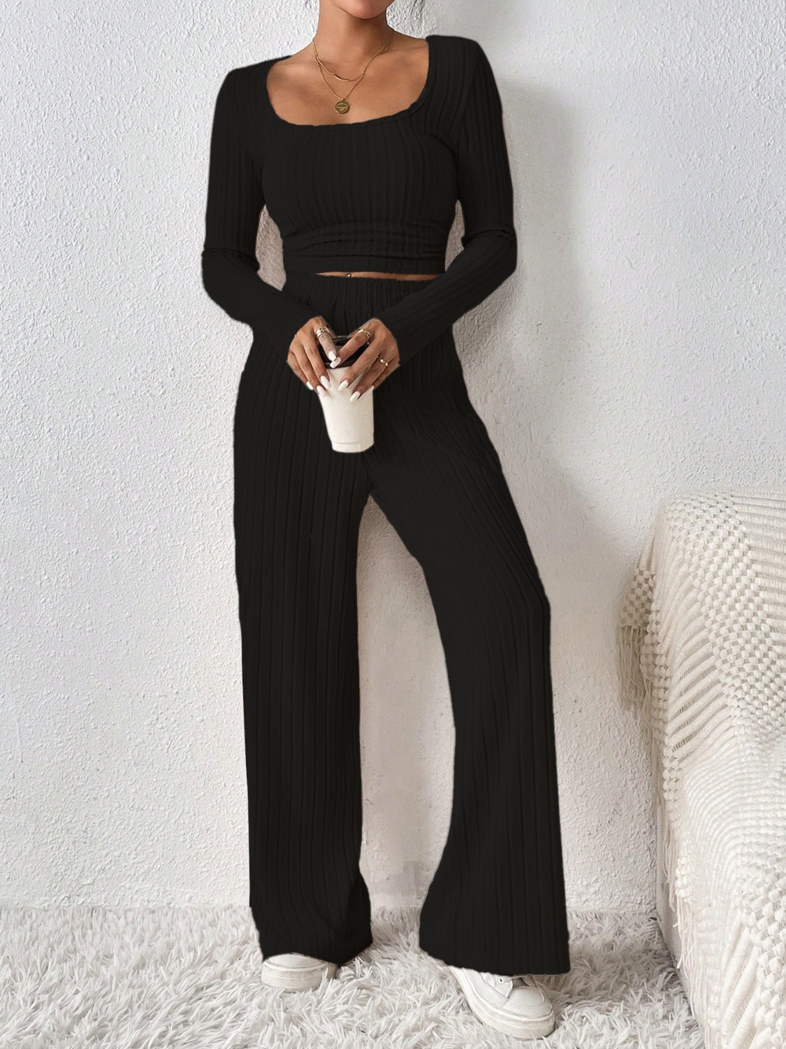 Honey Scoop Neck Long Sleeve Top and Pants Set